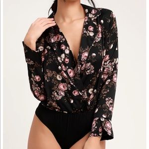 Lulus black floral print satin bodysuit worn 1x